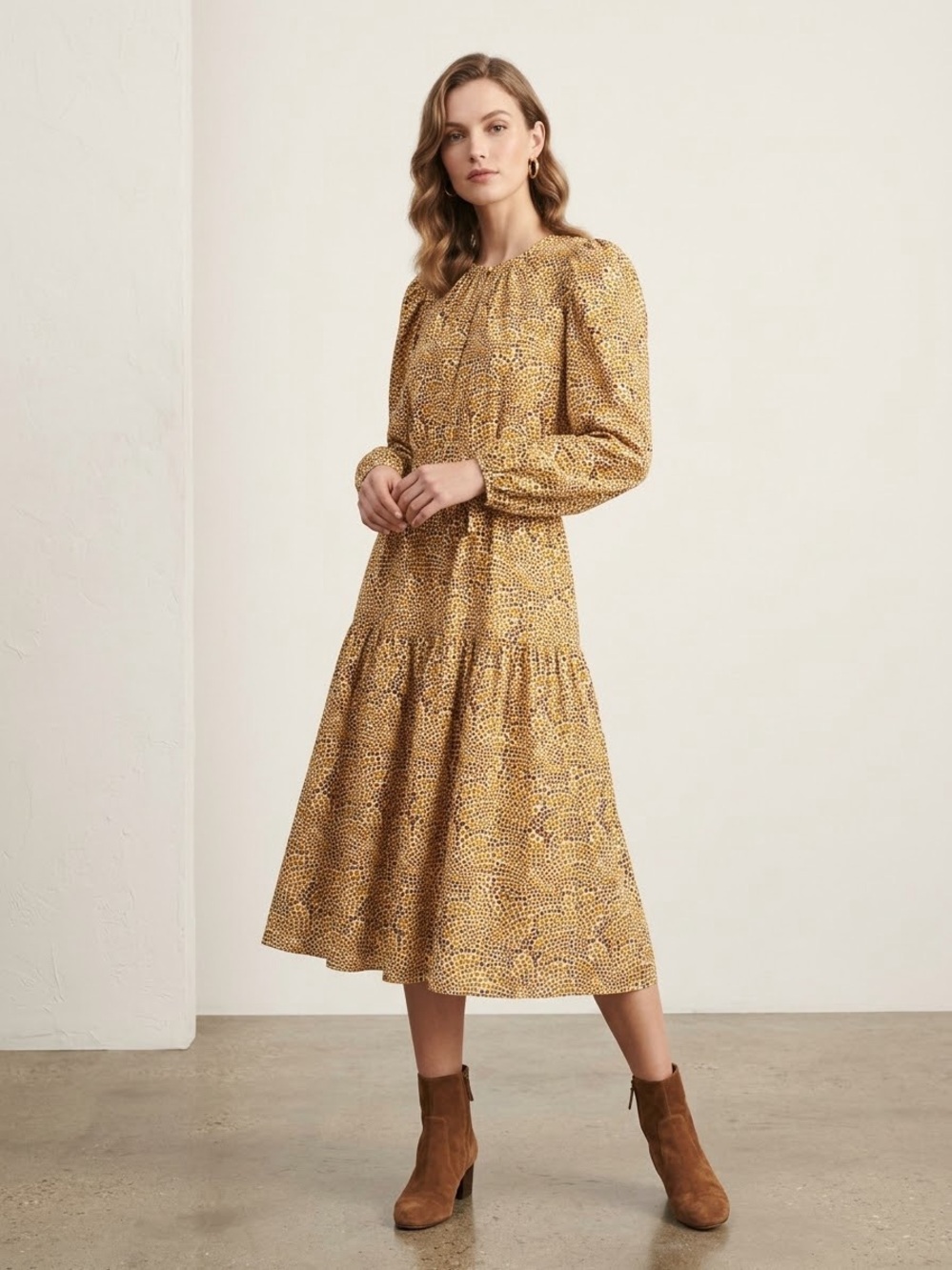 Rebecca Taylor Mustard Printed Long Sleeve Midi Dress